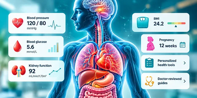 Illustration of the human body and organs surrounded by health measurement cards: blood pressure, blood glucose, BMI, kidney function and pregnancy